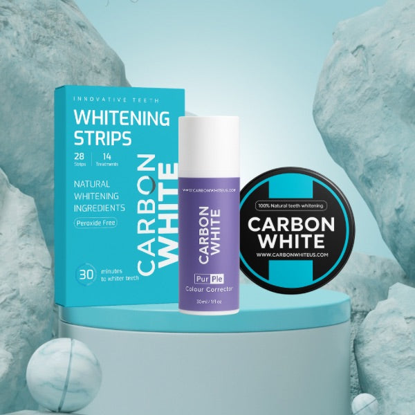 Carbon White - Teeth Whitening Starter Kit – Purple Serum + Charcoal Powder + Whitening Strips – Natural, Daily, Instant Brightening