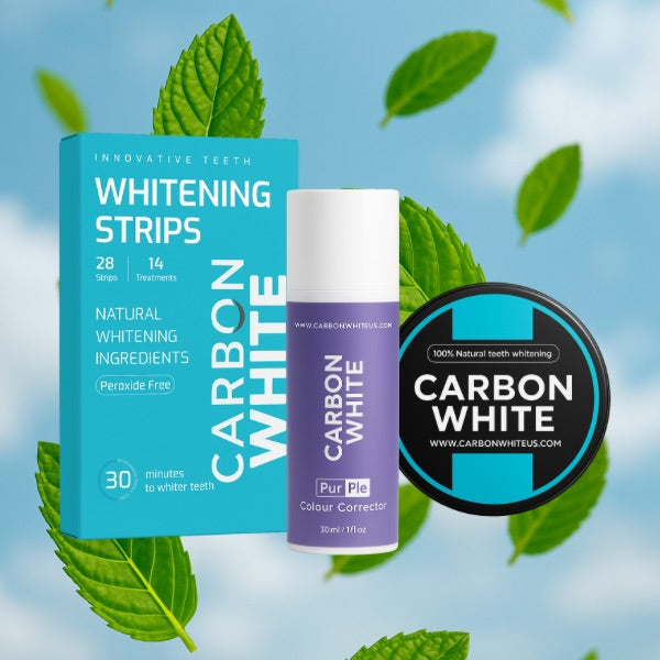 Carbon White - Teeth Whitening Starter Kit – Purple Serum + Charcoal Powder + Whitening Strips – Natural, Daily, Instant Brightening